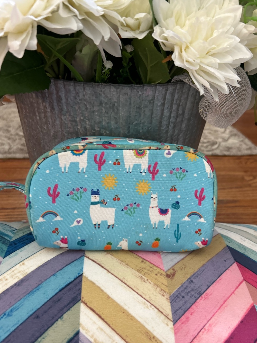 Llama Print Cosmetic Bag Travel Makeup Pouch Blue Wristlet Zip Organizer